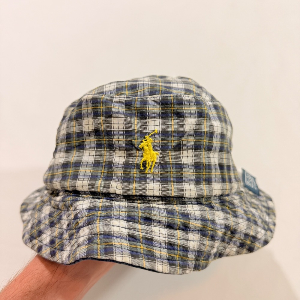 Polo Ralph Lauren Bucket Hat Mens S/M Navy Plaid Yellow Pony Logo Preppy